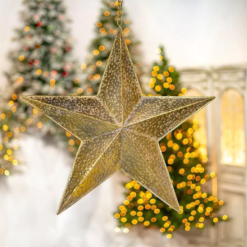 23.43" Long Brushed Gold Hanging Five Point Star Metal Decoration "Christmas Star" - ZR233018-C