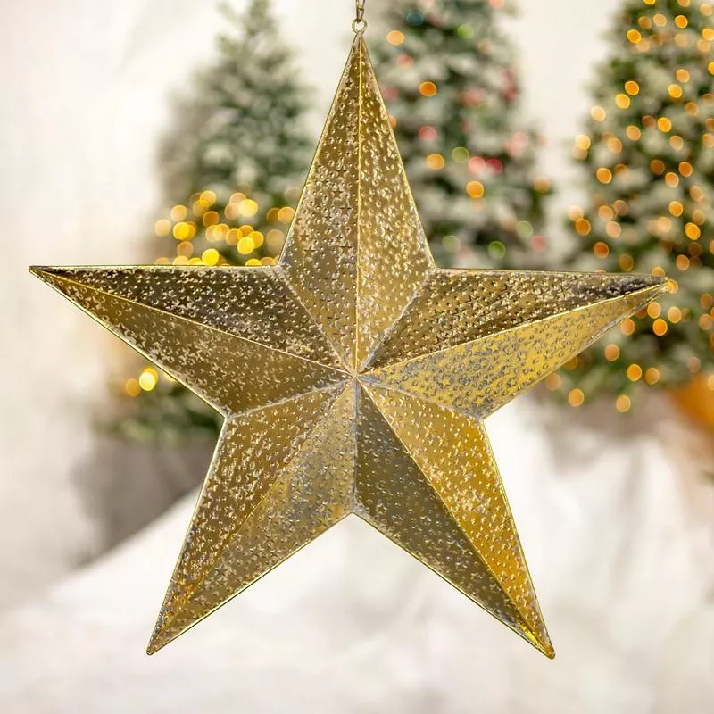 27.36" Long Brushed Gold Hanging Five Point Star Metal Decoration "Christmas Star" - ZR233018-A
