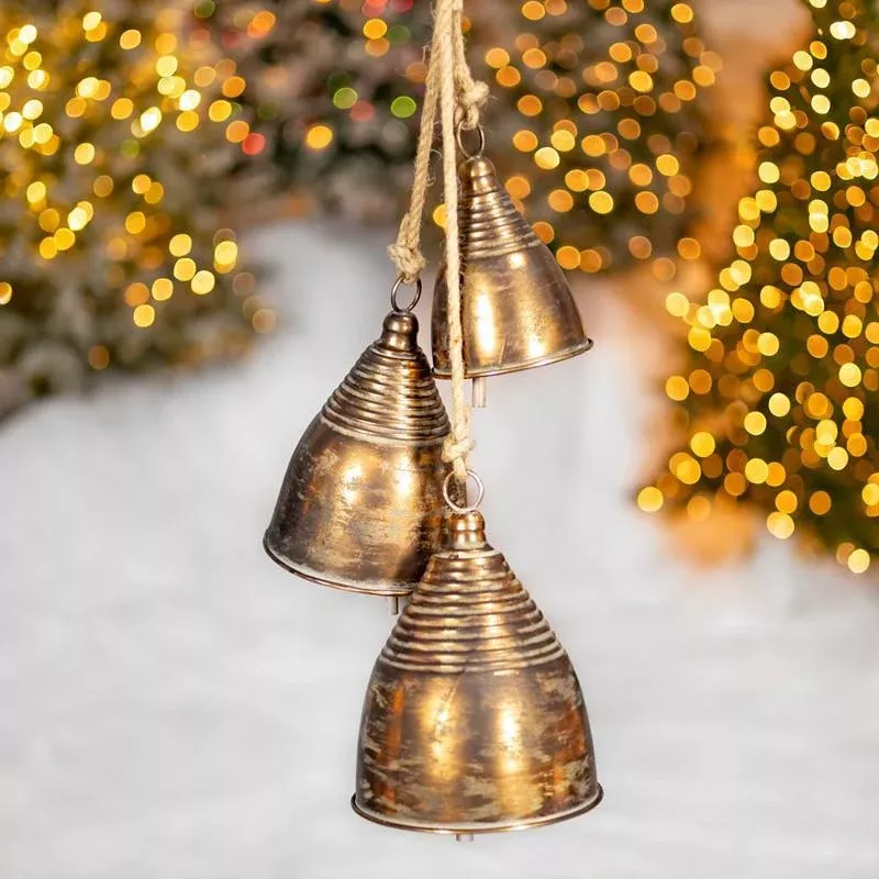 35.8" Hanging 3pc Antique Gold Iron Bell Cluster - Eastern Style - ZR233001-GD4