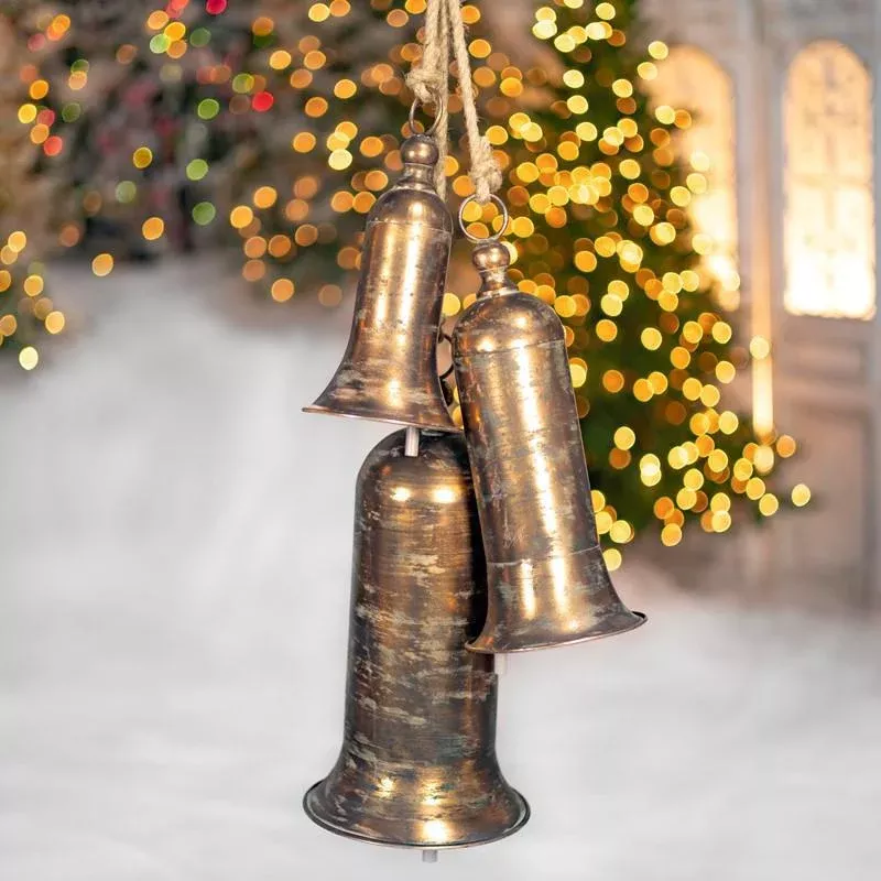 38.1" Hanging 3pc Antique Gold Iron Bell Cluster - Long Chime Style - ZR233001-GD7