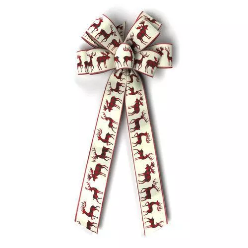#40 Eight Loop Bow - Plaid Reindeer on Bone Linen w/ Red Wired Edge - 2261-991-53