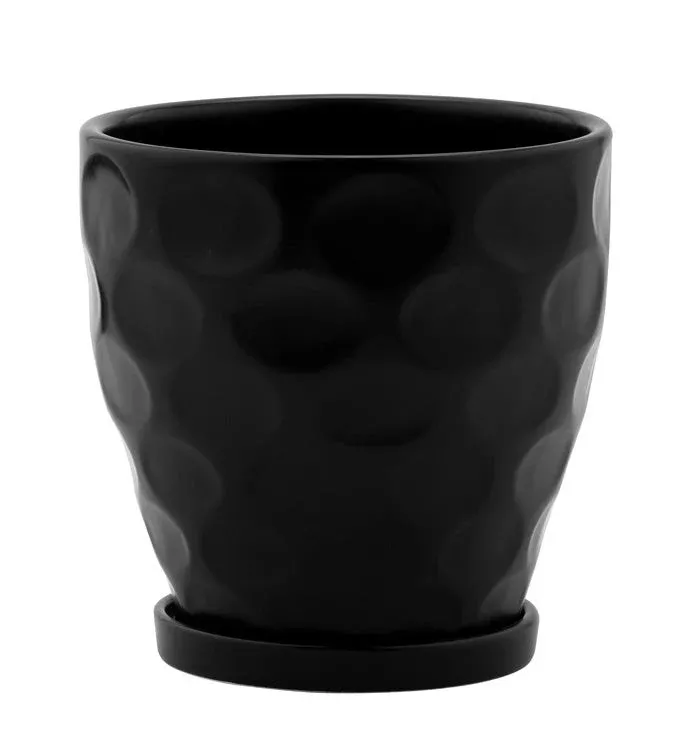 Black Dimpled Pot With Saucer | Medium | Napco