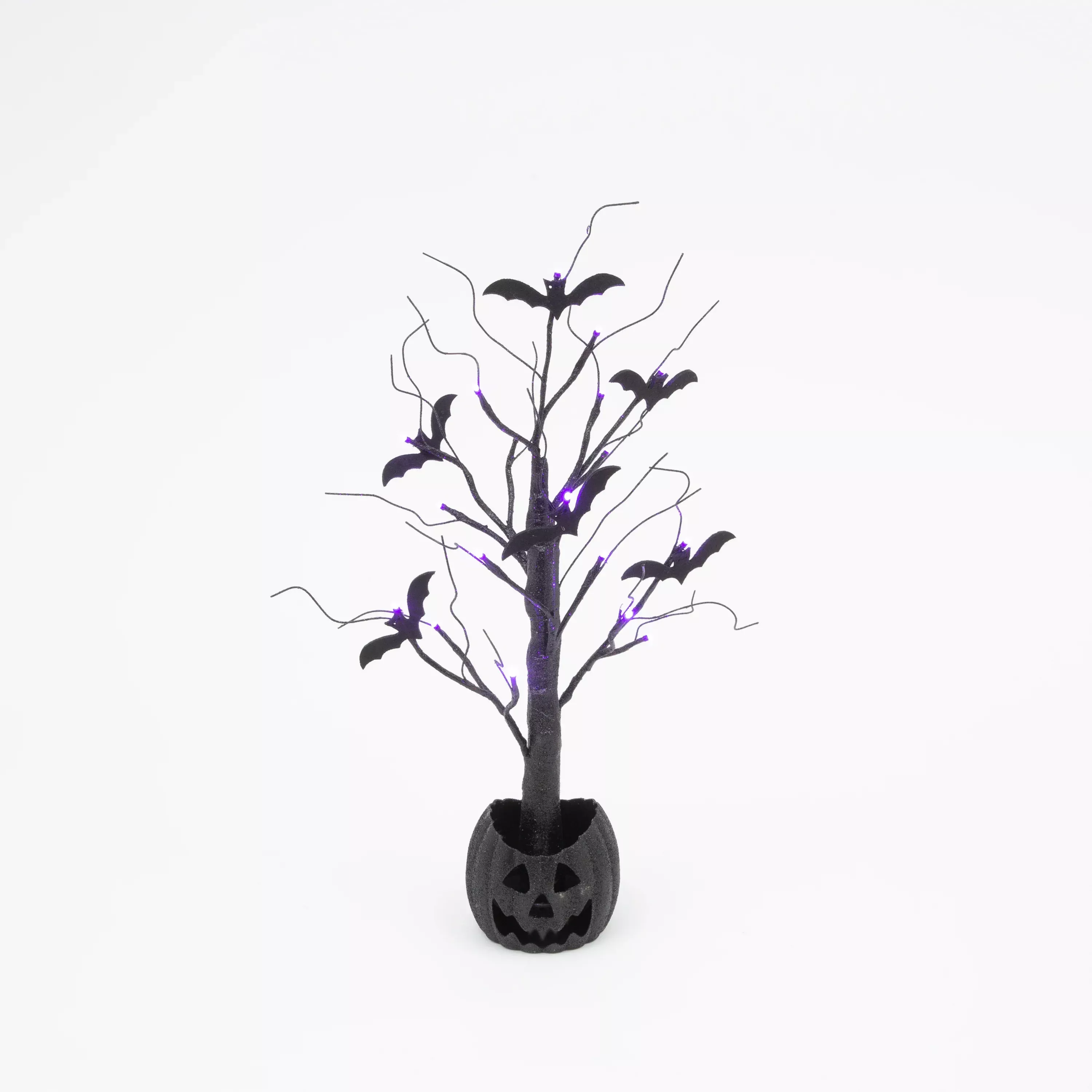 Black Glitter Tree with Bats - 18 Purple LED Lights with Timer - Gerson Company