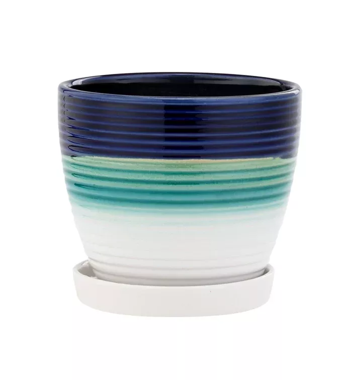 Blue, Green & White Ribbed Pot With Saucer | 6" | Napco