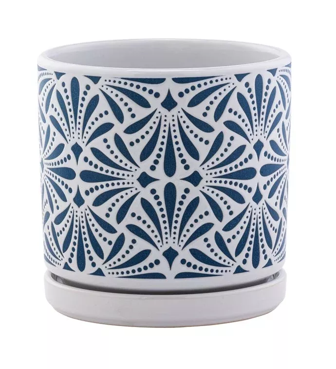Blue & White Abstract Planter With Saucer | Napco