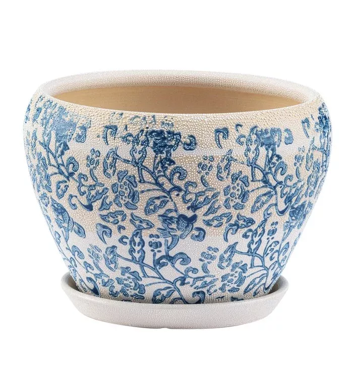 Blue & White Chintz Planter With Saucer | Large | Napco