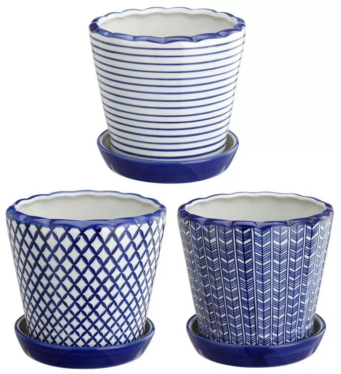 Blue & White Planter With Saucer (Assorted) | Large | Napco
