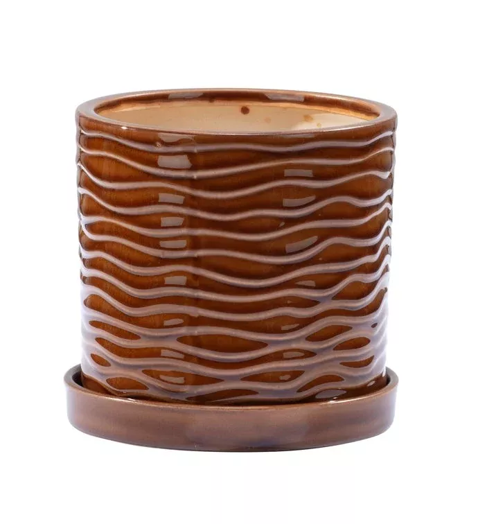 Brown Wave Planter With Saucer | Small | Napco