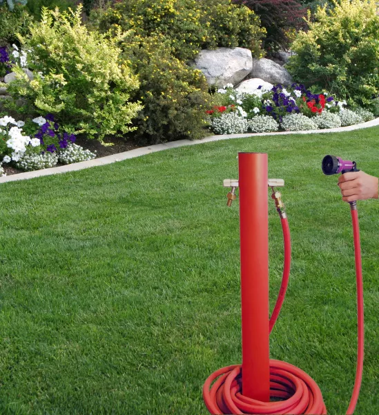 ColorTap AquaPoint Outdoor Watering Outlet Post Faucet with Dramm ColorStorm Hose and Spray Gun - Complete Assembly