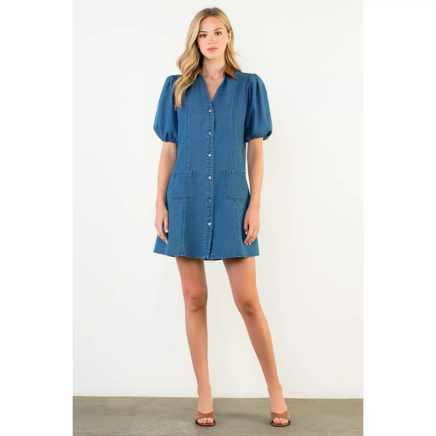 Contrast Collar Puff Sleeve Denim Dress