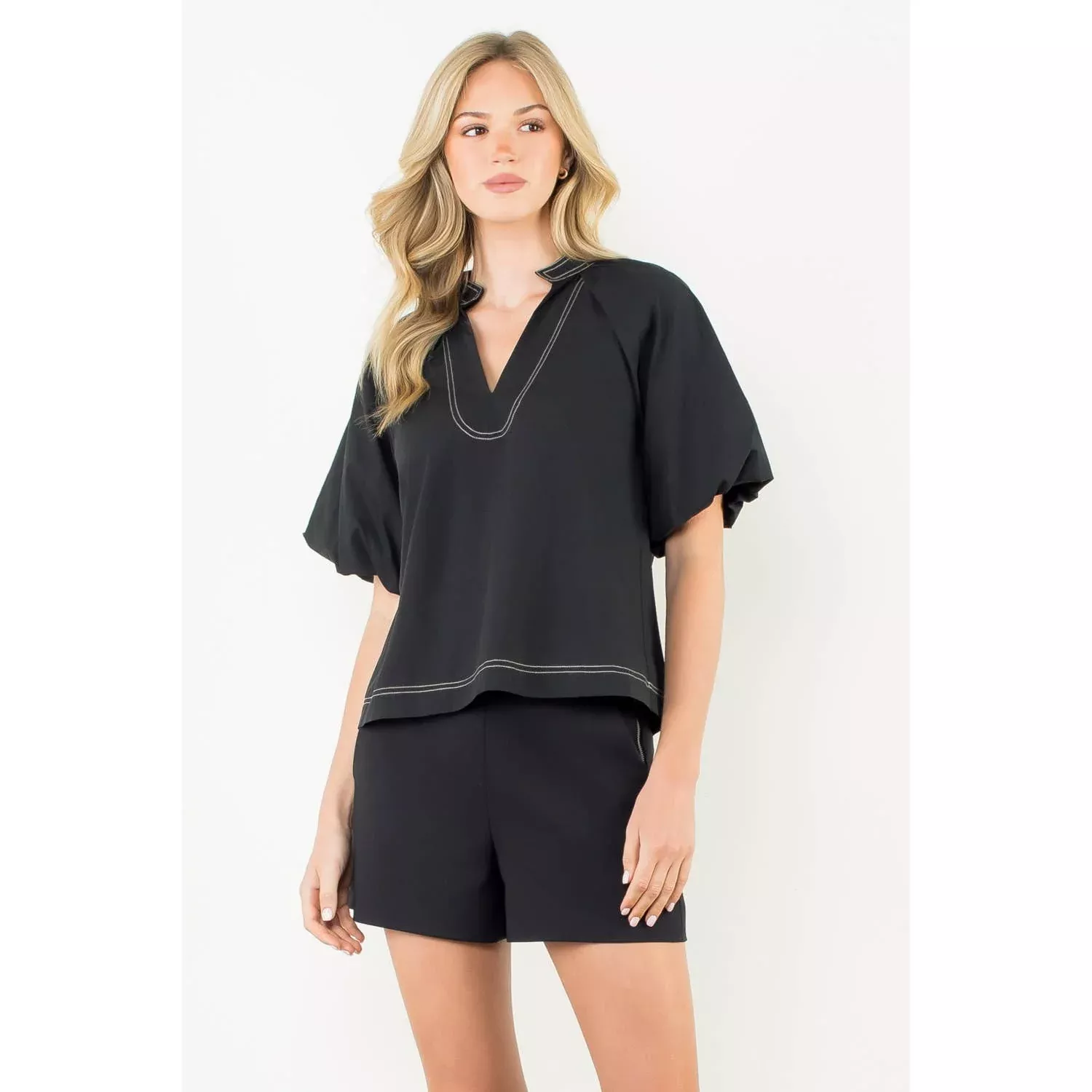 Contrast Stitch Puff Sleeve V-Neck Top