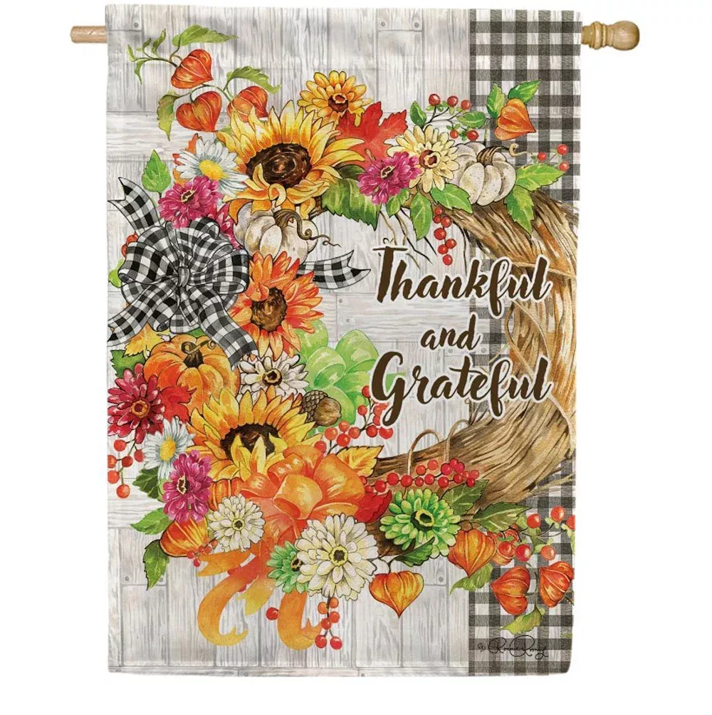 Custom Decor, Thankful & Gratful Wreath Flag