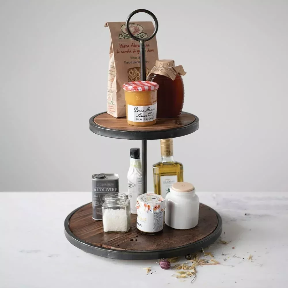 Decorative Wood & Metal 2-Tier Tray