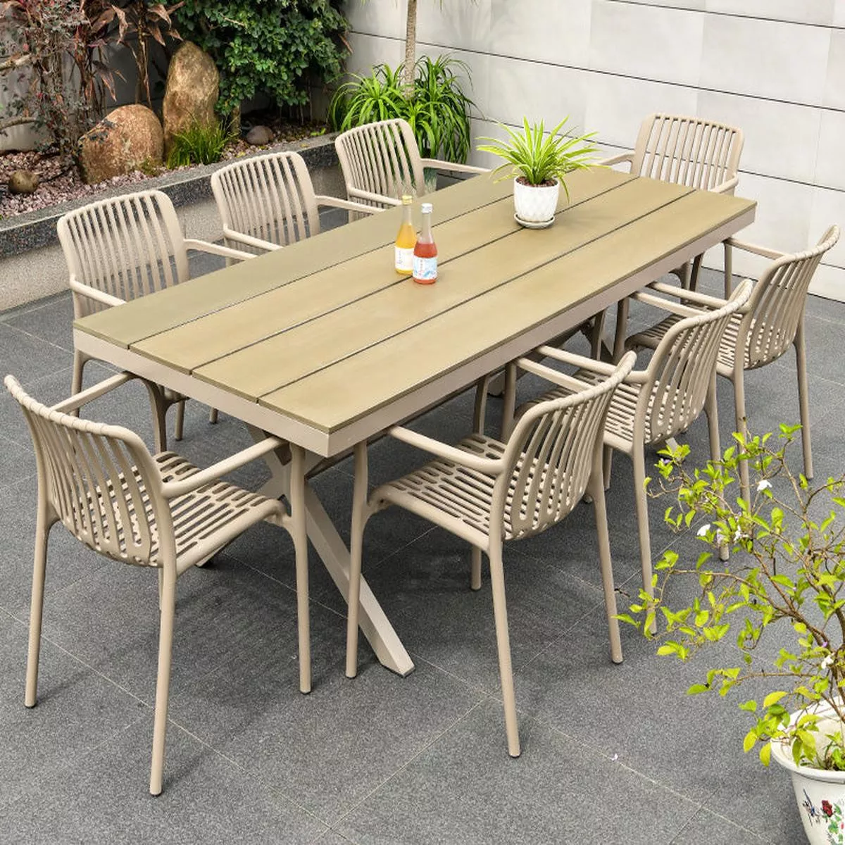 Dining table set No.30 – 8+1: 220CM Table with Taupe Wood Color