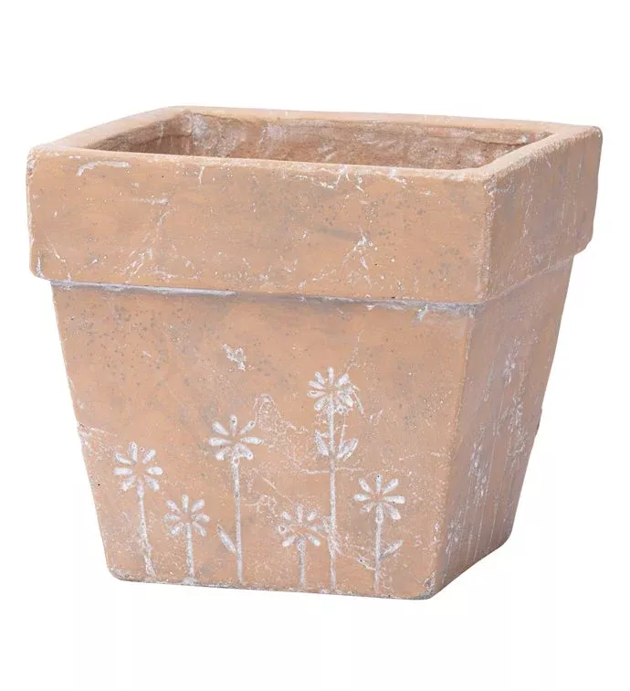 Engraved Flower Square Pot | Large | Napco