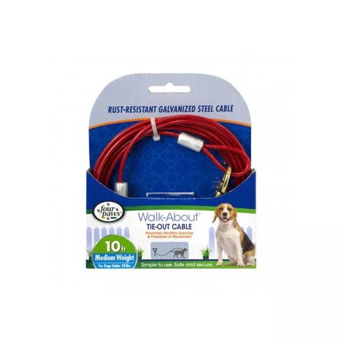 Four Paws Tie-Out Cable, Medium Weight, Red, 10'