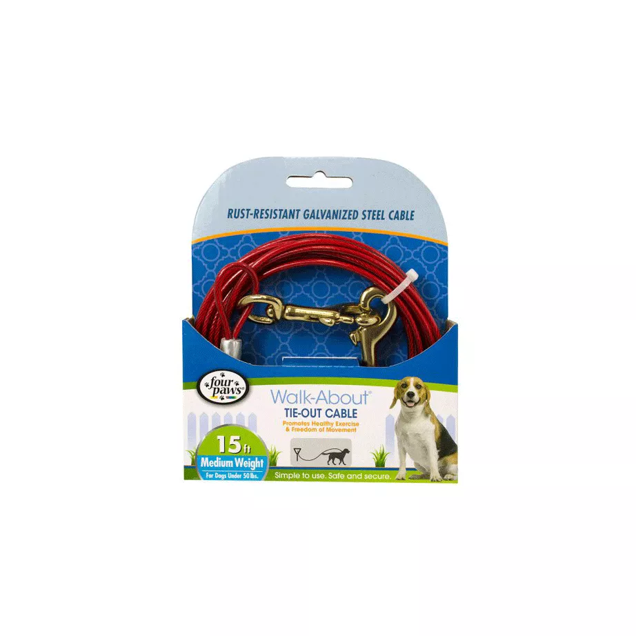 Four Paws Tie-Out Cable, Medium Weight, Red, 15'
