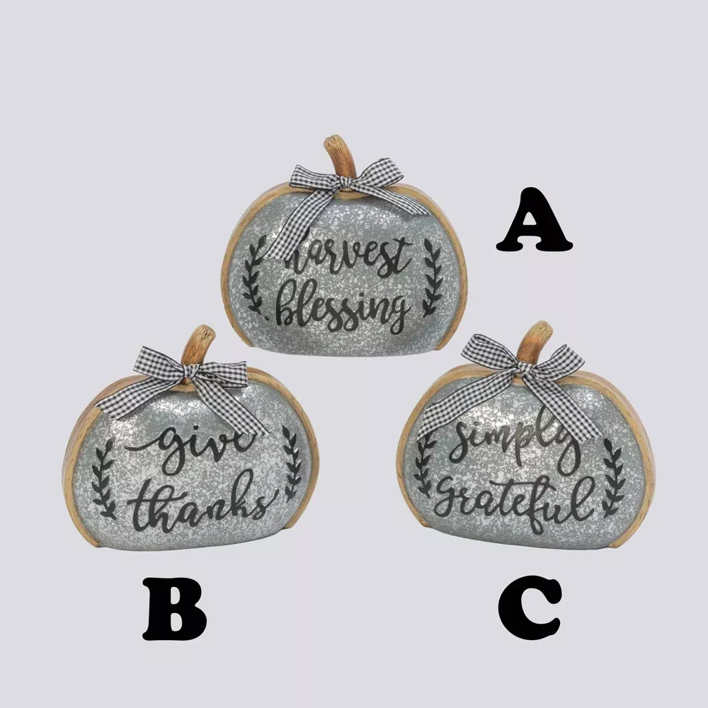 Gerson Company, Harvest Plaid Bow Pumpkin Tabletop, Sold Separately, Resin, Silver, 8.2"L