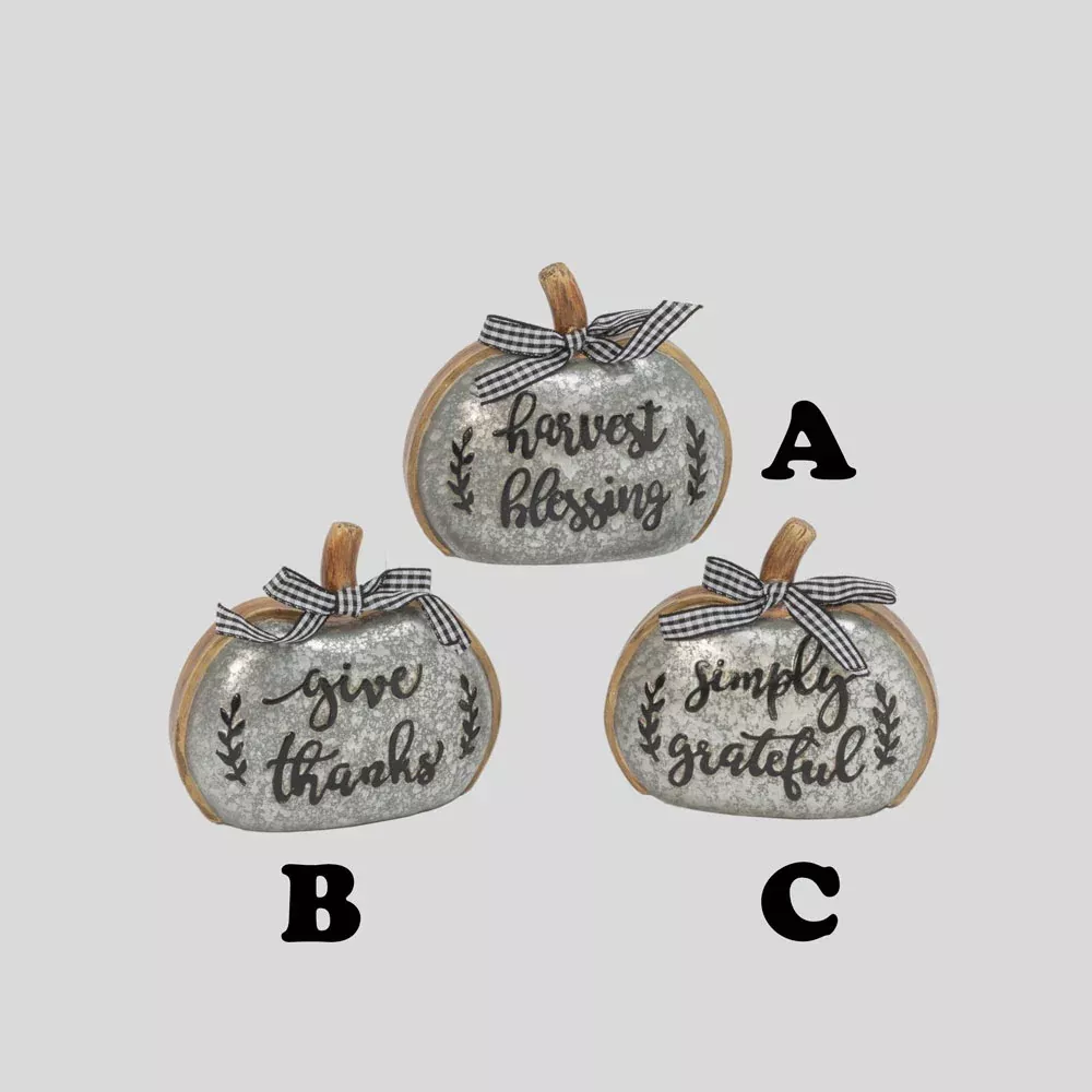 Gerson Company, Harvest Sign Pumpkin Assorted, Silver, Resin, 4.3"L