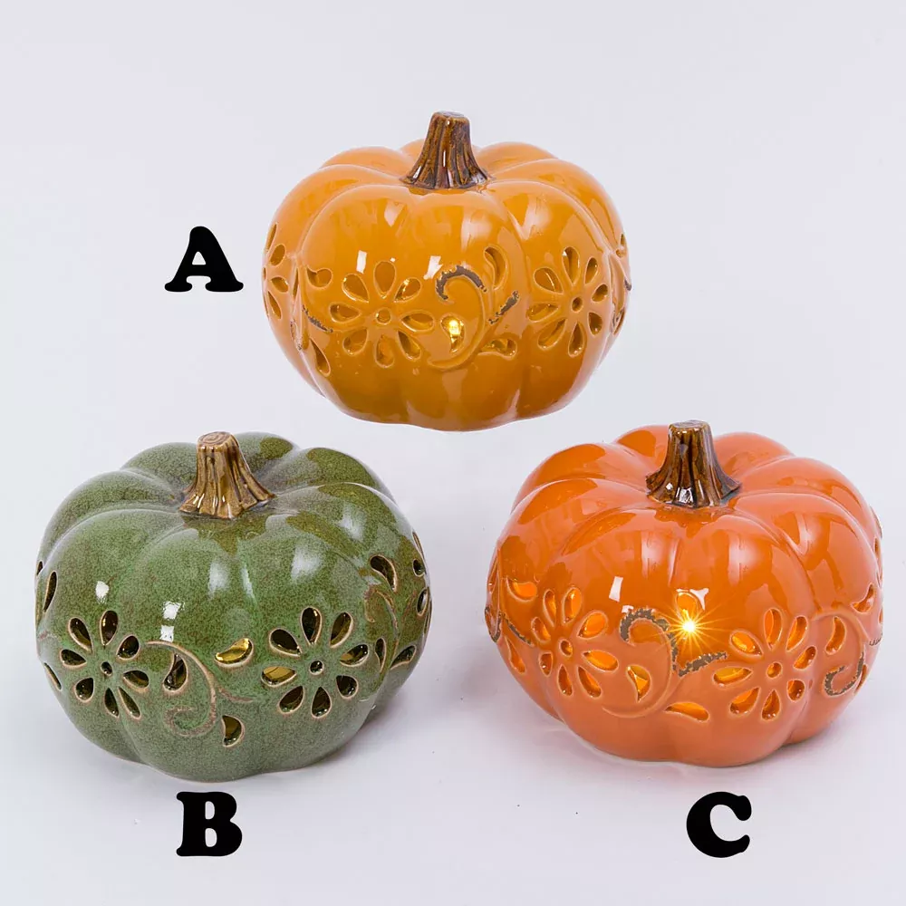 Gerson Company, Lighted Ceramic Harvest Pumpkin Assorted, Battery Operated (Not Included) with timer,7.2"L