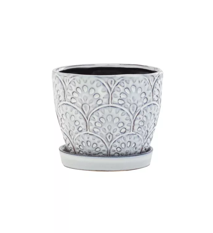 Grey & White Scallop Pot With Saucer | 4.5" | Napco