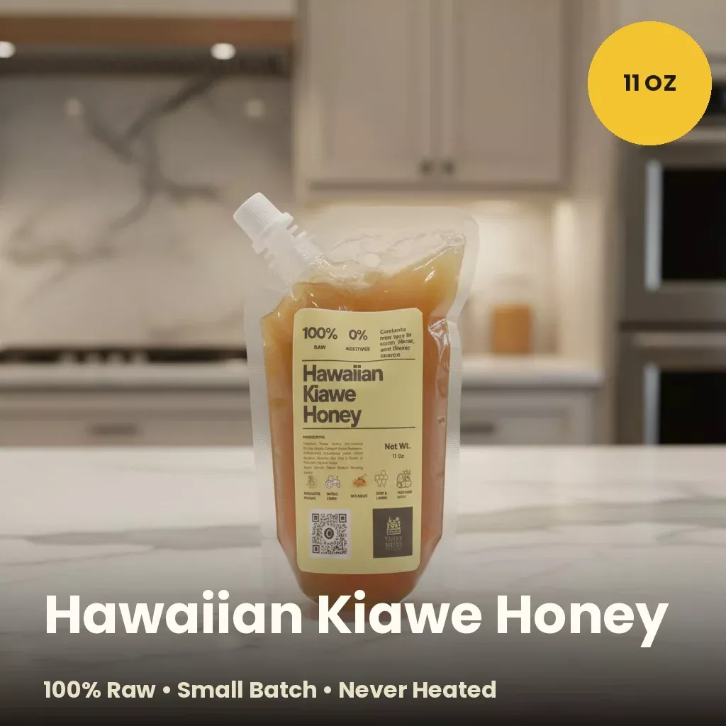 Hawaiian Kiawe Raw Honey - Rare monofloral honey from kiawe blossoms with smooth, creamy texture and mild vanilla-like flavor; unfiltered, nutrient-rich, and perfect for spreading, tea, and natural sweetening