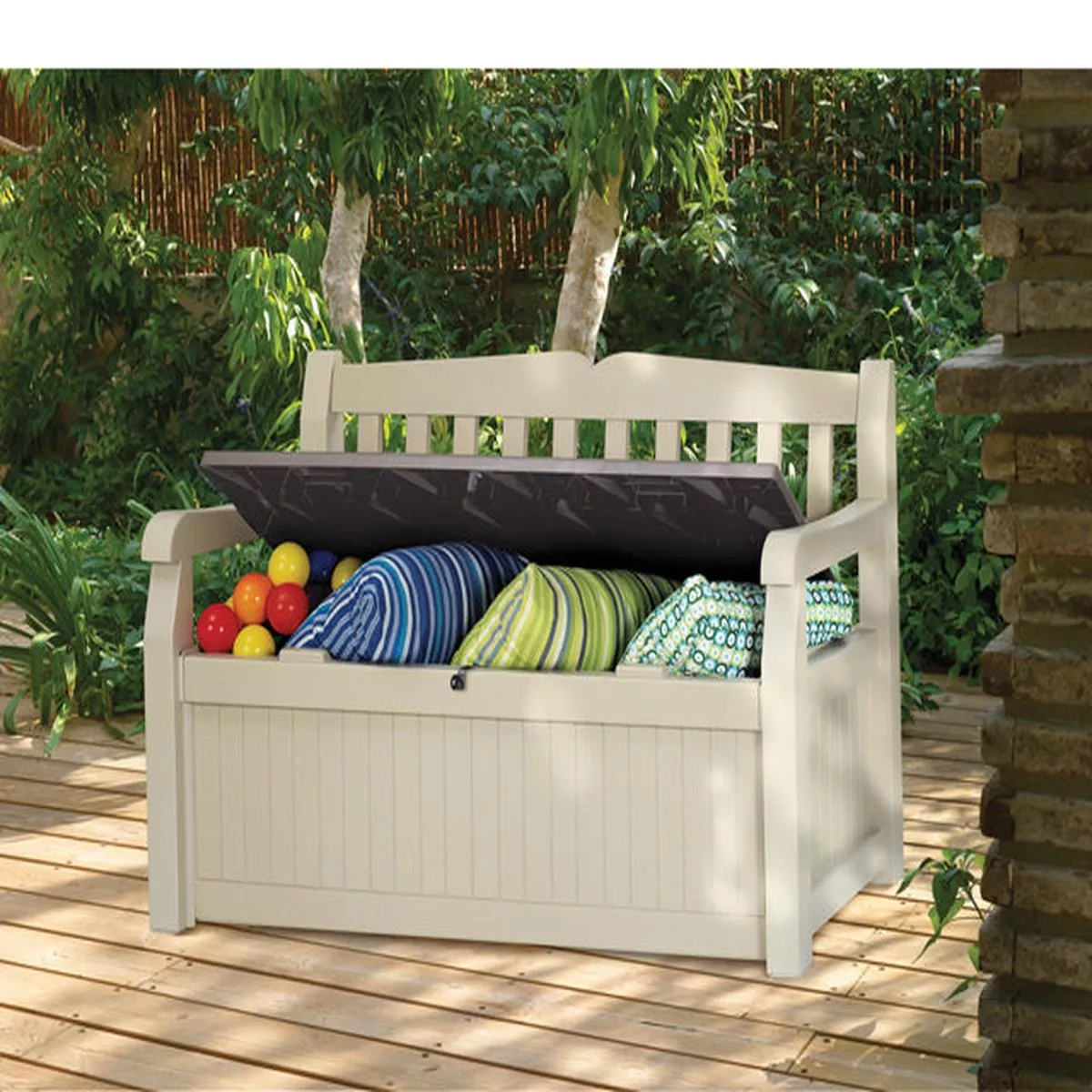 Keter Eden Outdoor Storage Backrest Leisure Bench – Beige with installation