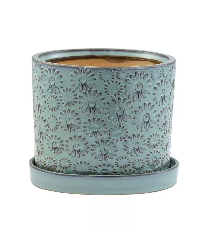 Light Green Embossed Daisy Planter With Saucer | Large | Napco