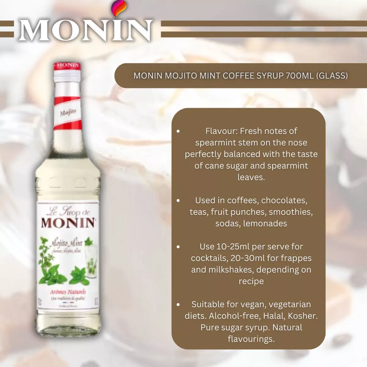 Monin Mojito Mint Cocktail Syrup 700ml (Glass) – 3 Bottles