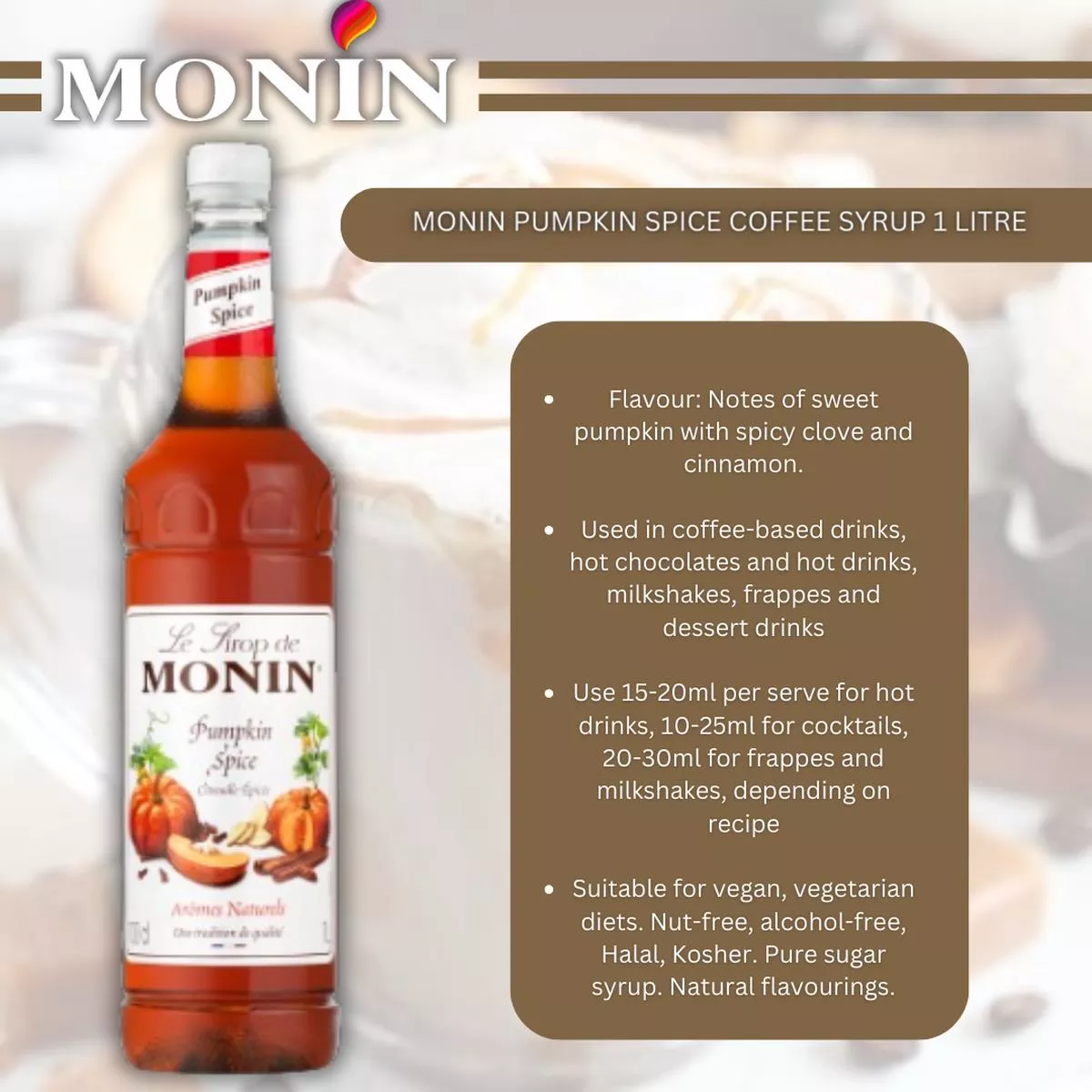 Monin Pumpkin Spice Coffee Syrup 1 Litre – 12