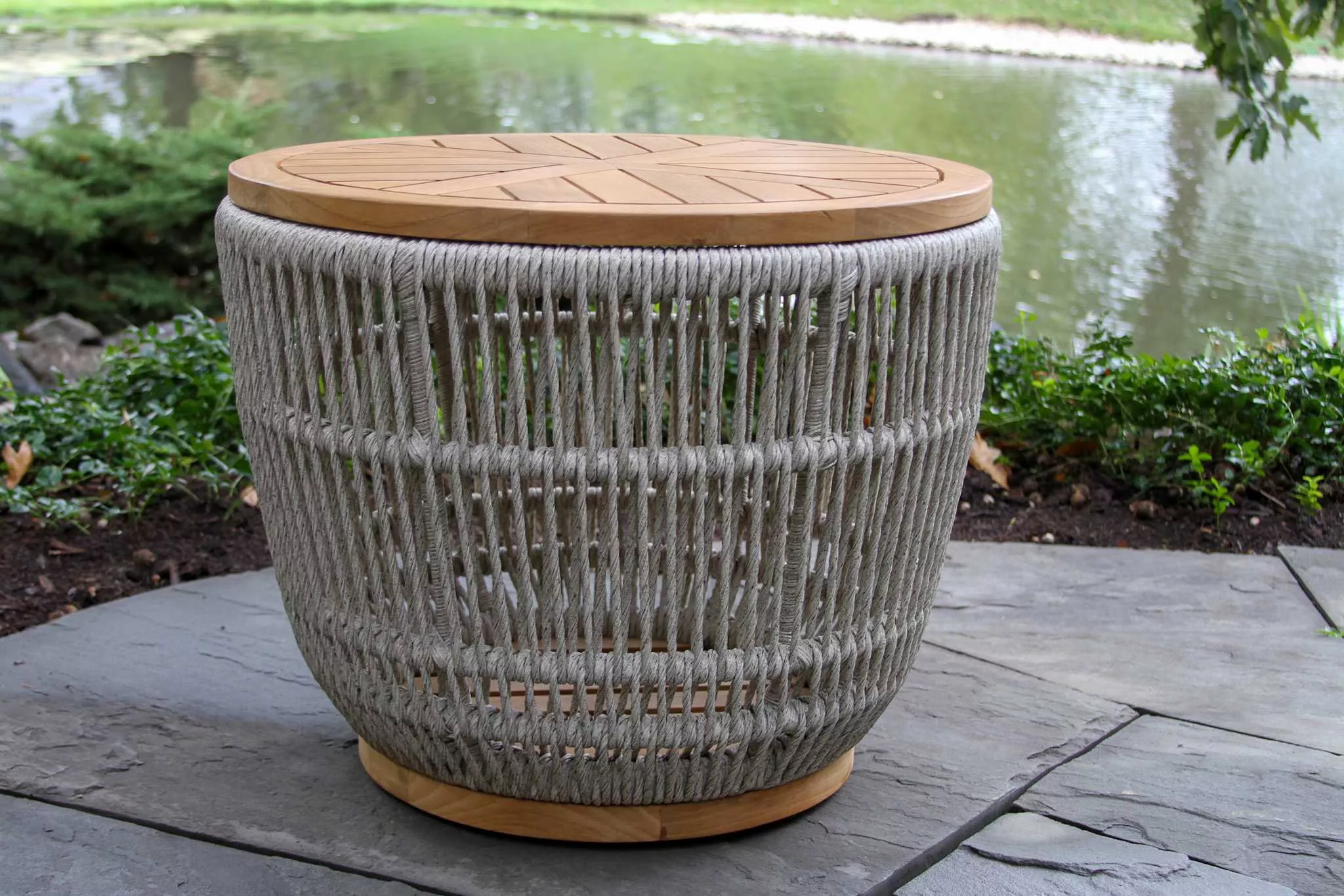 Outdoor Interiors, Teak and Cable Wicker Storage Accent Table