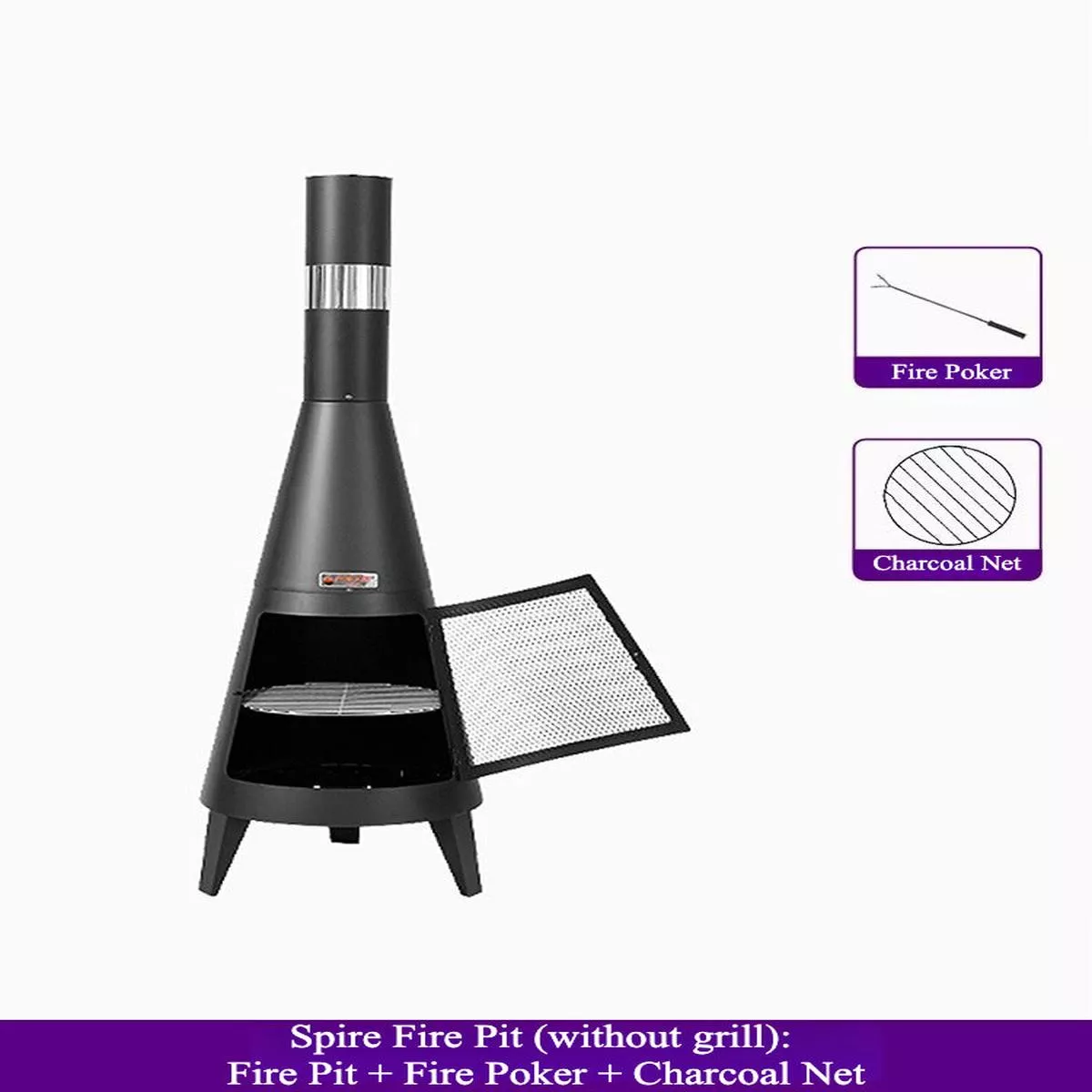 Outdoor Spire Fire Pit – Spire Fire Pit (without grill): Fire Pit + Fire Poker + Charcoal Net + Rain Cover