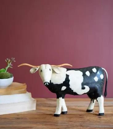 Painted Metal Black and White Steer