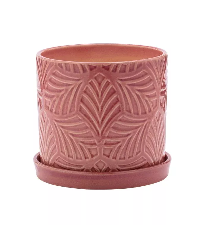 Pink Leaf Pot With Saucer | Large | Napco