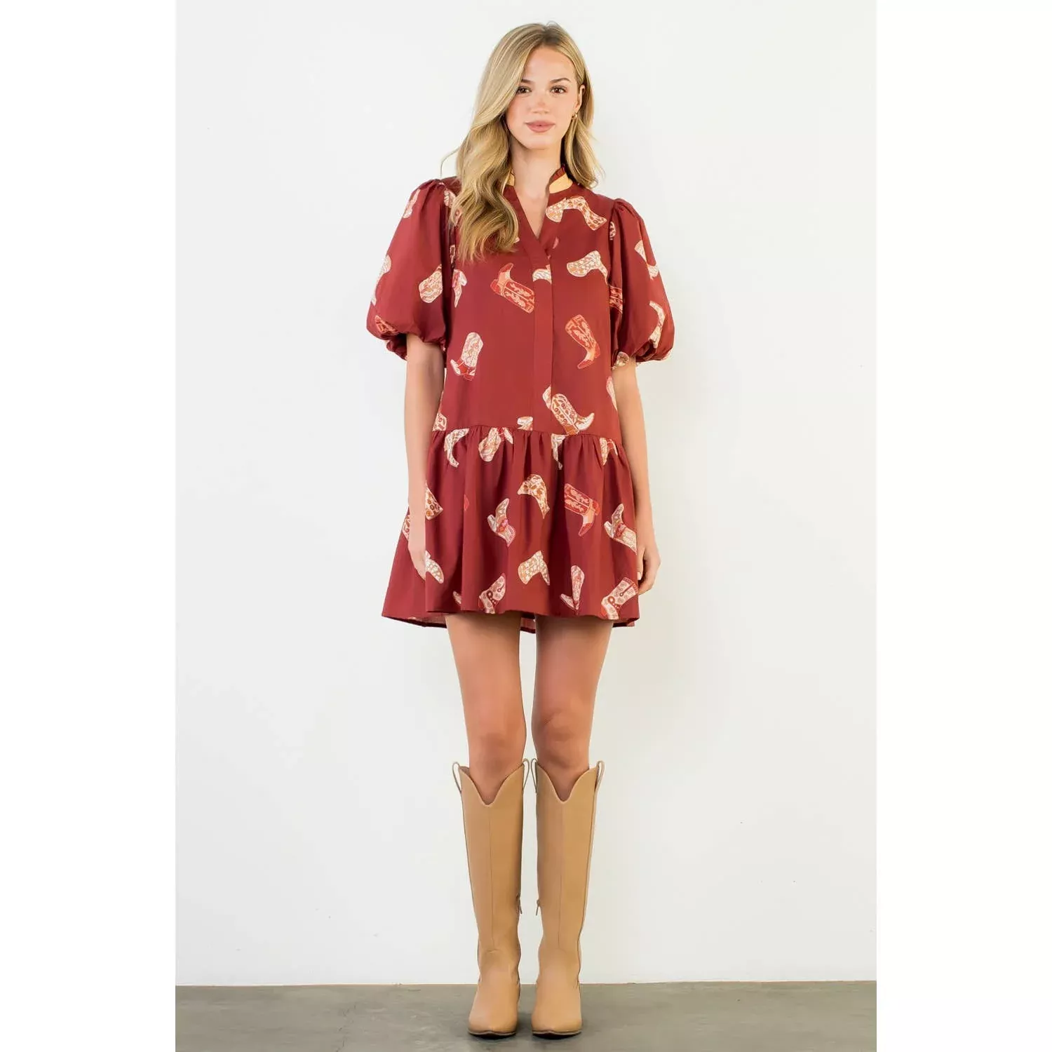 Puff Sleeve Boots Print Dress: BURGUNDY