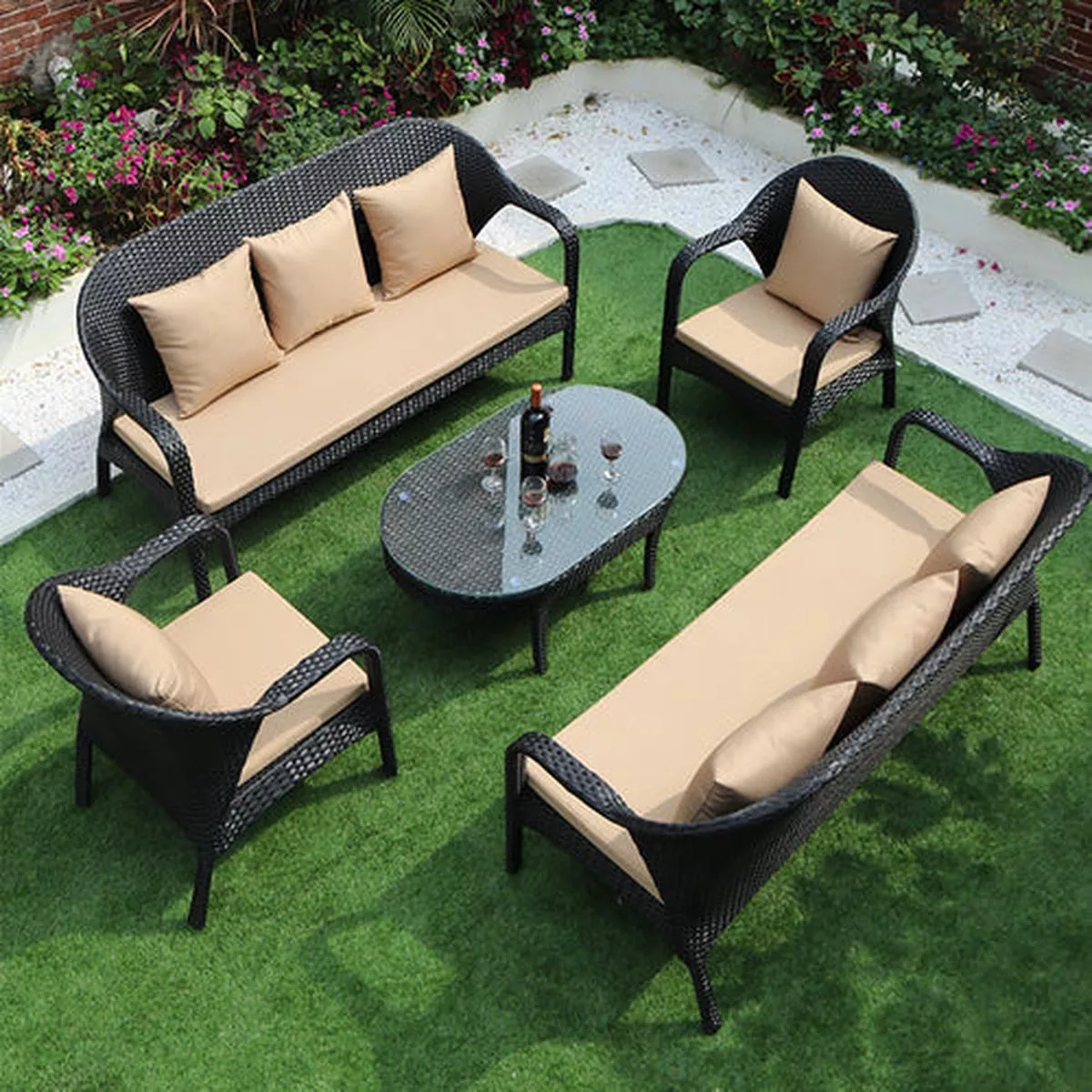 Rattan Sofa Set 14 – Combination | 2 Three-seat, 2 single people and 1 tea table with cushions