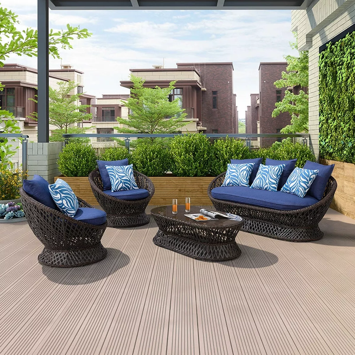 Rattan Sofa Set 30 – 1 Three-Seater Sofa + 2 Single Armchairs + 1 Coffee Table