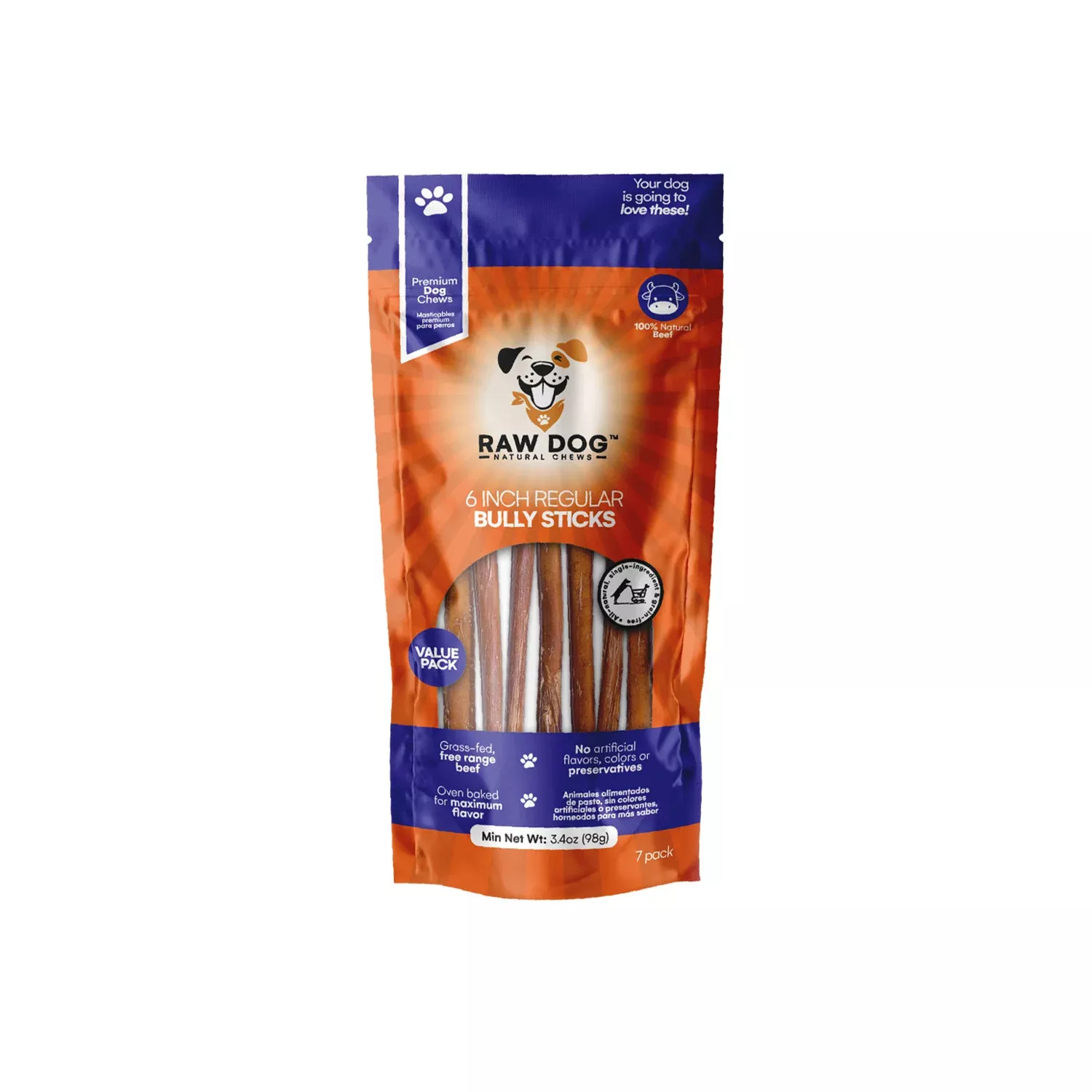 Raw Dog Natural Chews 6" Regular Bully Stick, 7-Pack