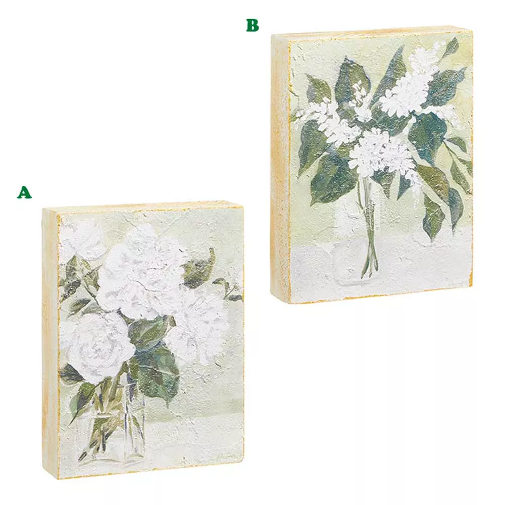 Raz, White Flowers In Vase Block Wall Art, Assorted & Sold Separately