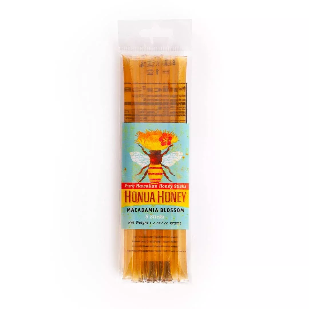 Resealable eight-pack honey sticks with Macadamia Nut honey.