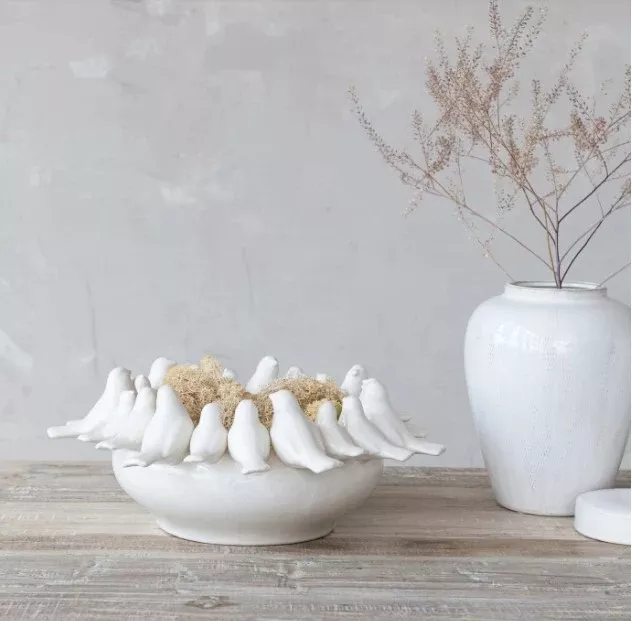 Stoneware Bowl/Planter with 3D Birds on Rim