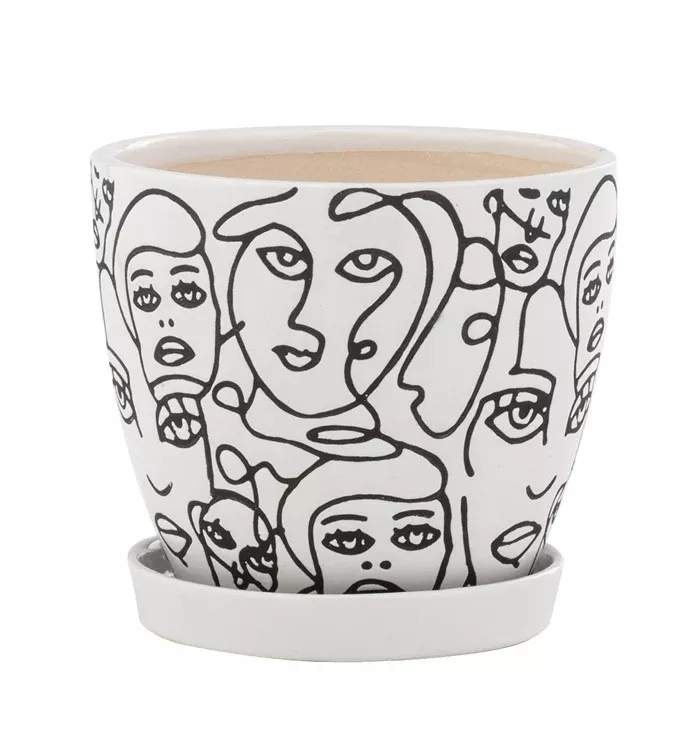 White & Black Faces Planter With Saucer | 6" | Napco