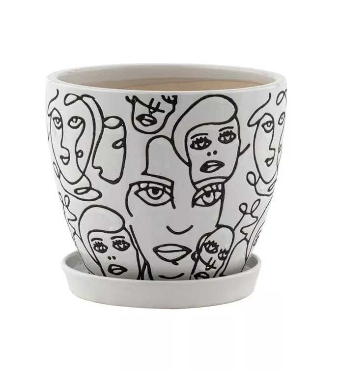 White & Black Faces Pot With Saucer | Large | Napco