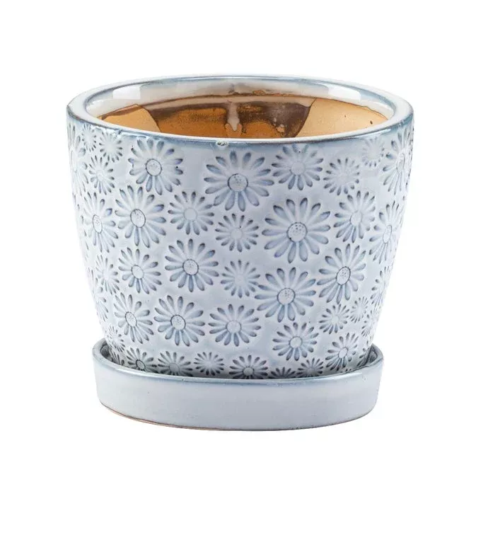 White & Blue Embossed Daisy Planter With Saucer | 4.5" | Napco