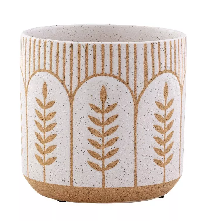 White & Brown Fern Stripe Planter | Large | Napco