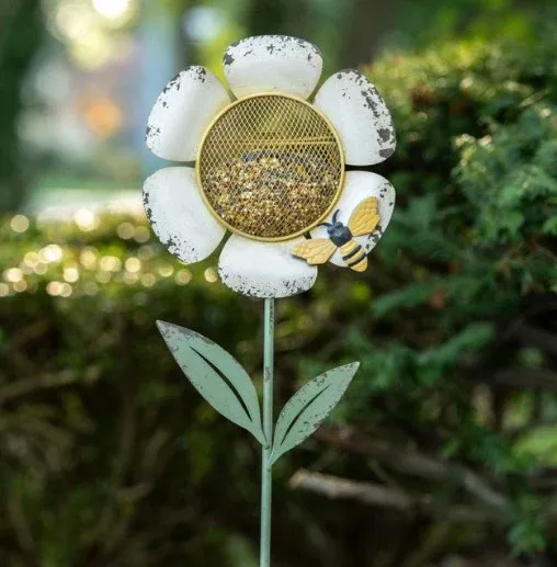 White Flower Bird Feeder Stake