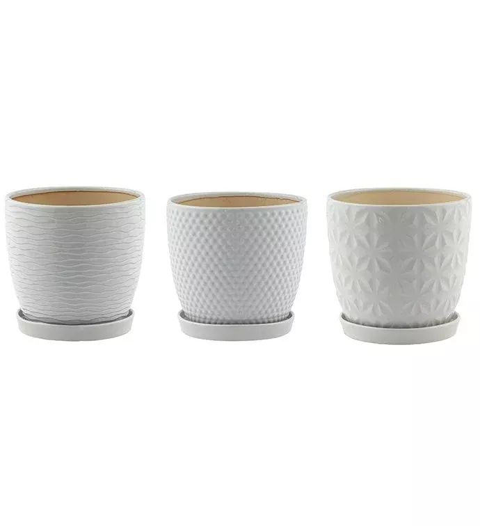 White Laser Pot With Saucer (Assorted) | Large | Napco