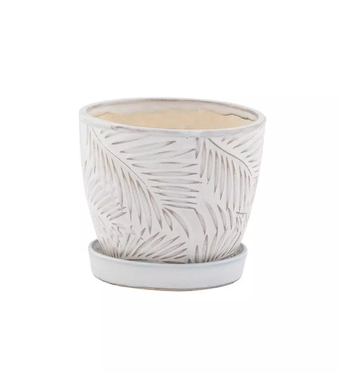 White Palm Leaves Planter With Saucer | 4.5" | Napco