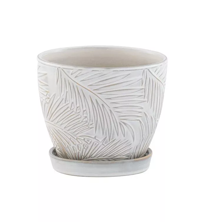 White Palm Leaves Planter With Saucer | 6" | Napco