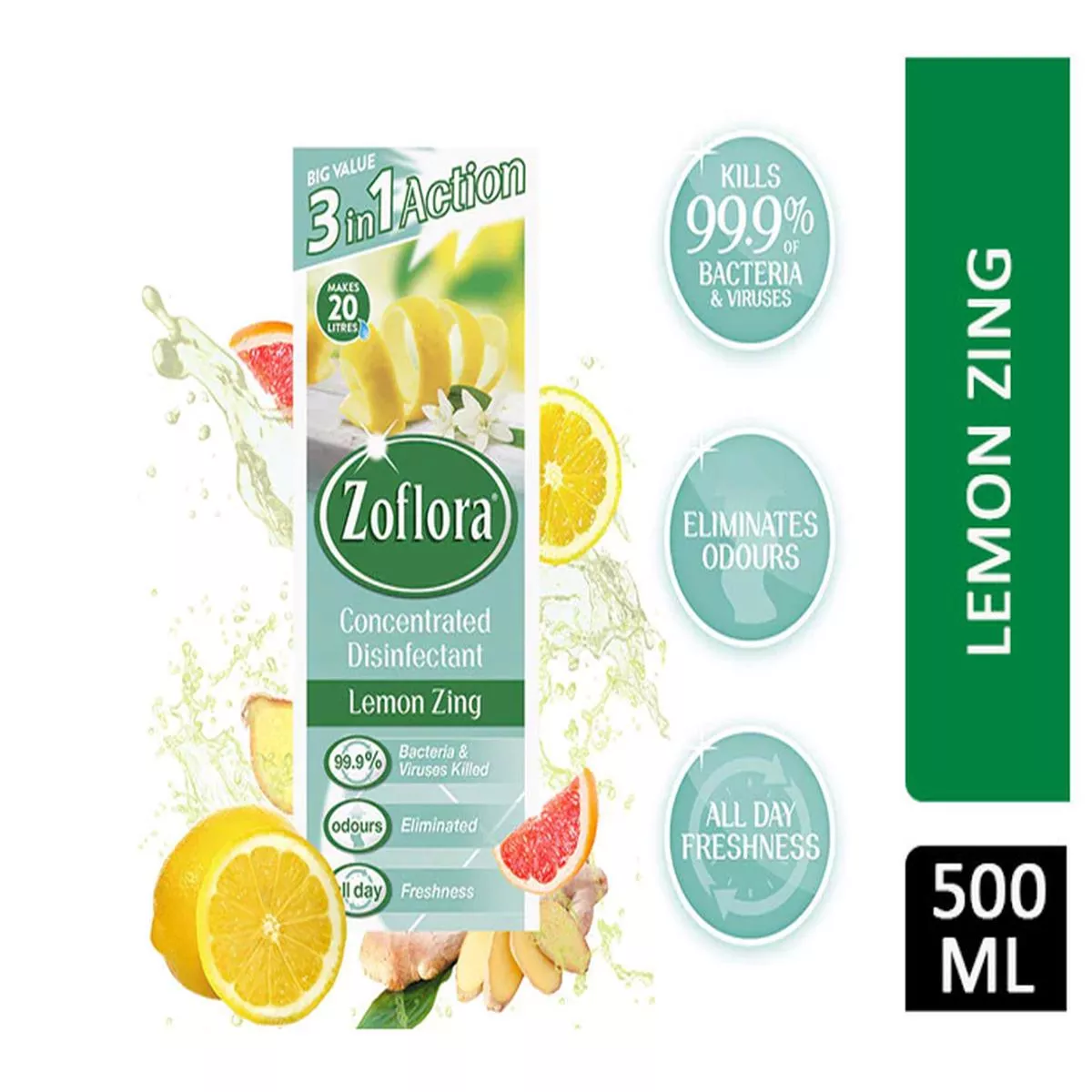 Zoflora Concentrated Multipurpose Disinfectant & Odor Eliminator, 3 in 1 Action, 500 ml, Lemon Zing